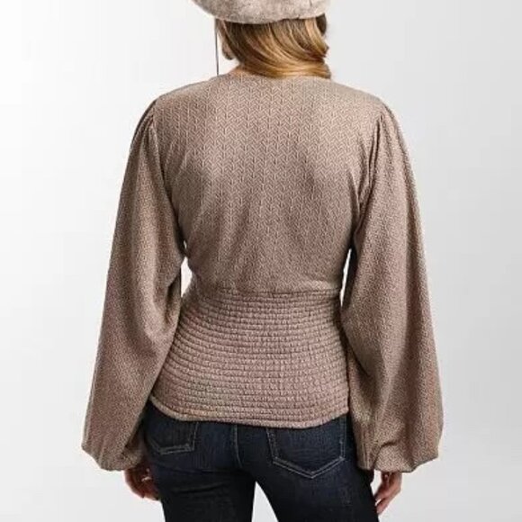 Buckle Gimmicks Textured Lace-Up Balloon Sleeve Top in MultiBrown Womens MD Boho - Picture 2 of 12